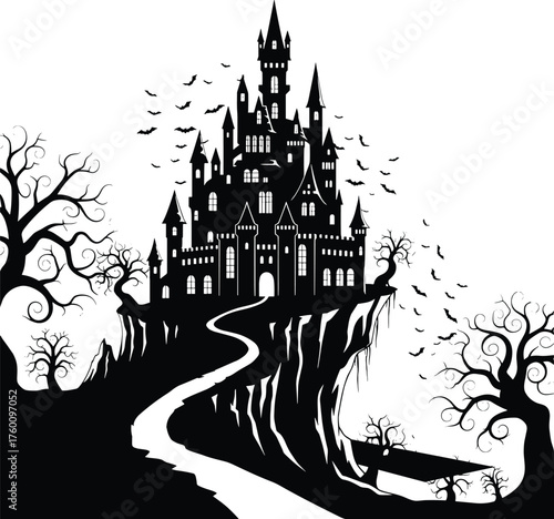 Mysterious silhouette of a spooky castle on a winding path under a bat filled sky