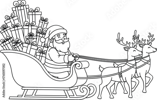 Santa claus and his reindeer pulling a sleigh overflowing with christmas presents