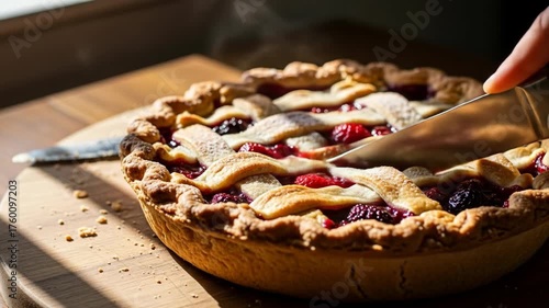 A freshly baked pie with a lattice crust and dark fruit filling on a wooden surface, with a knife