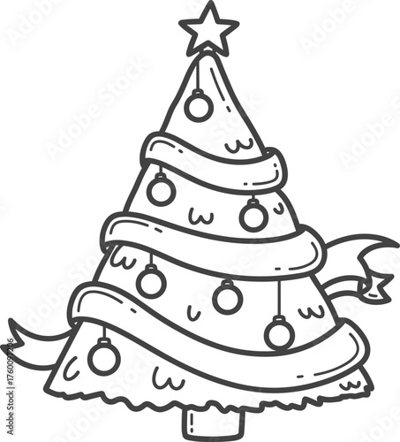 Simple hand drawn outline of a decorated christmas tree with ornaments and a star