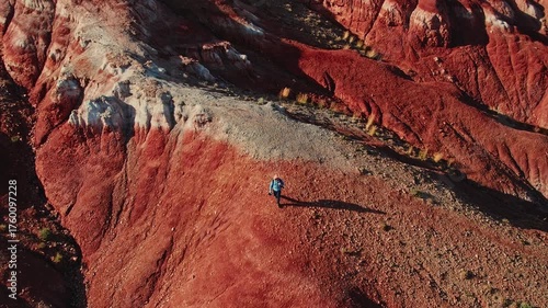 Aerial view Tourist on Altai landscape republic Russia. Red color sand and clay Mars Altay.