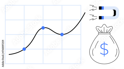 Line graph with upward trend, magnet attracting money sack. Ideal for business growth, profit, investment, strategy, marketing, analytics success. Simple flat metaphor