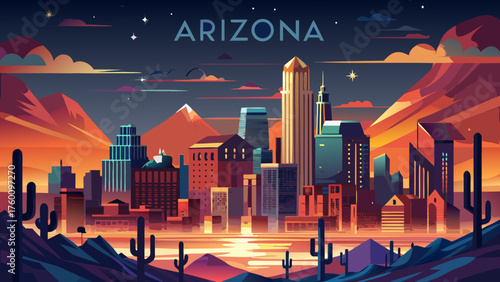 Very beautiful nighttime skyline of Mesa, Arizona, near Phoenix, showcasing city lights shimmering against the desert backdrop and the expansive Southwestern sky above.