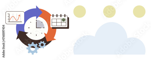 Workflow cycle of arrows around a clock with analytics chart, gear, and calendar. Cloud and yellow orbs signify connectivity and innovation. Ideal for productivity, planning, cloud tech, efficiency