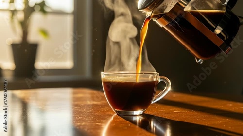 Coffee being poured into a clear glass cup, steam rising. Natural light, wooden table