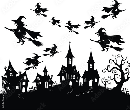 Spooky halloween silhouette of witches flying over a haunted village and creepy tree