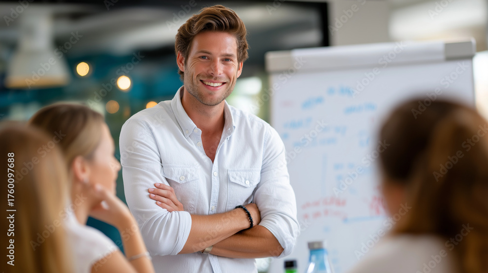 Obraz premium Group of young business people having a meeting or presentation and seminar with digital display whiteboard in the office, portrait of a young businessman leader, under soft office