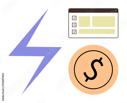 Lightning bolt symbolizing energy, checklist depicting task management, and currency icon for financial themes. Ideal for productivity, finance, technology, efficiency, energy, organization
