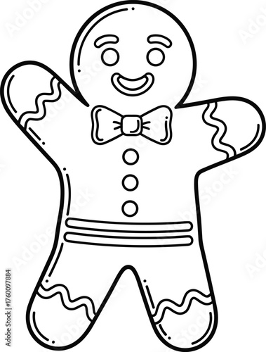 Whimsical black and white outline drawing of a happy gingerbread man cookie