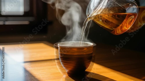 A cup being filled with steaming beverage, light stream through a window, wooden table