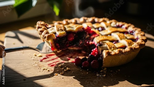 Close-up of a rustic pie, cut to reveal a juicy fruit filling. Sunlit on wooden surface