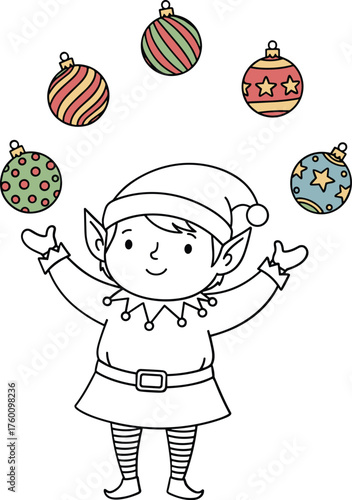 Whimsical christmas elf juggling festive ornaments with joyful expression