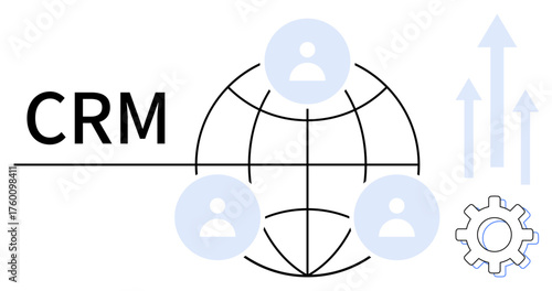 CRM text links icons of globe, user avatars, upward arrows, and gear. Ideal for customer management, teamwork, global networking, business growth, technology strategy simple flat metaphor