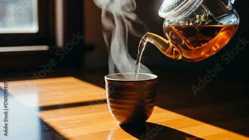 A clear teapot pours hot tea into a ceramic cup, steam rising. Sunlight creates shadows