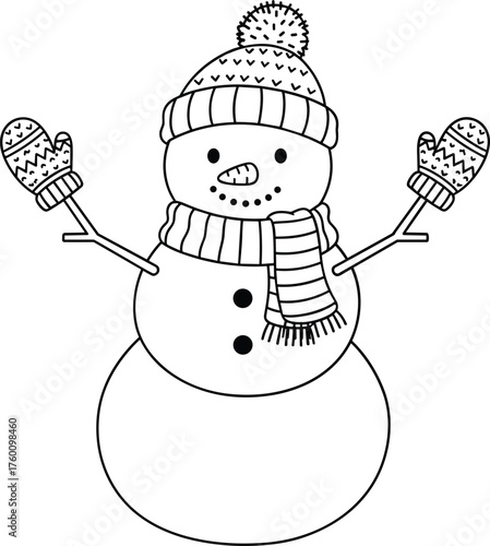Whimsical line art snowman wearing a striped hat and mittens ready for winter fun
