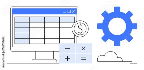 Monitor displaying spreadsheet, dollar coin, calculator buttons, gear icon, and cloud. Ideal for budgeting, automation, business planning, accounting data analysis financial tools technology