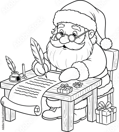 Whimsical illustration of santa claus diligently writing a christmas list with a quill pen and ink