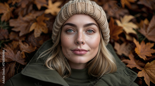 Autumn scenery white european slavic girl lying down in a pile of fall leaves
