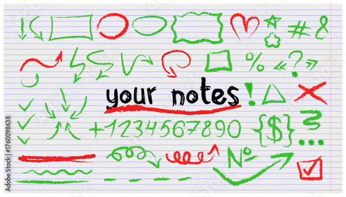 Colorful hand-drawn sketch note elements on lined paper, including arrows, symbols, numbers, and doodles in red and green, perfect for creative note designs or education templates.