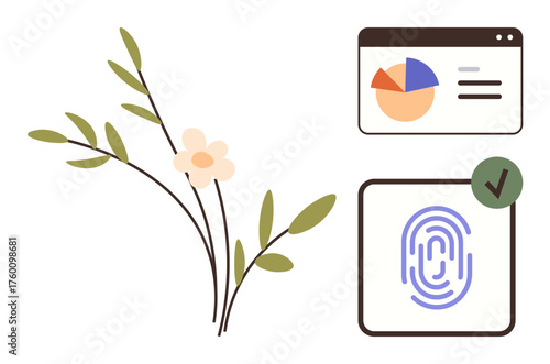 Delicate floral sprigs paired with a pie chart and fingerprint with approval mark. Ideal for sustainability, digital security, identity, analytics, eco-technology, modern aesthetics, simple flat