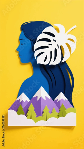 Paper cut illustration of an Indian girl with a monstera leaf in her hair against a background of mountains. Vector graphics. EPS.