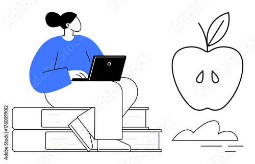 Person working on laptop while seated on stacked books next to large apple and small cloud. Ideal for education, online learning, productivity, healthy lifestyle, knowledge, creativity, simple flat
