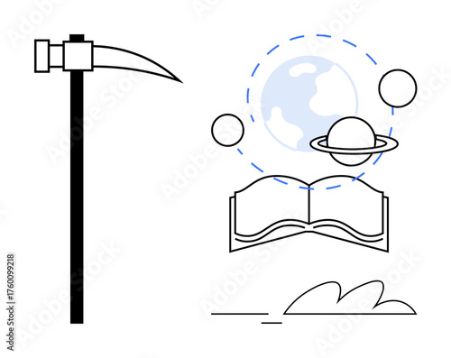 Open book with planets, Earth, and celestial bodies represents learning and space exploration. Mining pick symbolizes resource gathering and scientific advancement. Ideal for education, exploration