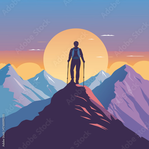 A vector illustration of a hiker with trekking poles standing on a mountain summit at sunrise or sunset