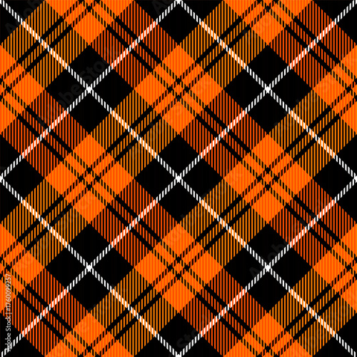 Diagonal tartan Halloween plaid. Scottish pattern in orange, black and white cage. Scottish cage. Traditional Scottish checkered background. Seamless fabric texture. Vector illustration