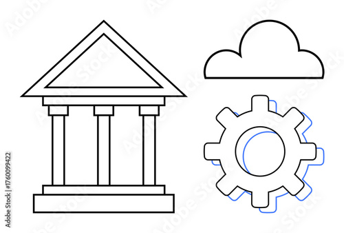Classical building with pillars, cloud, and gear symbolizing governance, digital transformation, and automation concepts. Ideal for government, finance, innovation, cloud computing public services