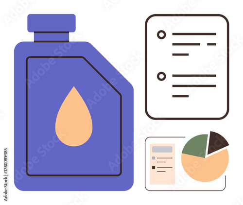 Purple motor oil container with droplet icon, detailed document checklist, and performance pie chart. Ideal for product testing, quality assurance, automotive care, marketing strategy, business