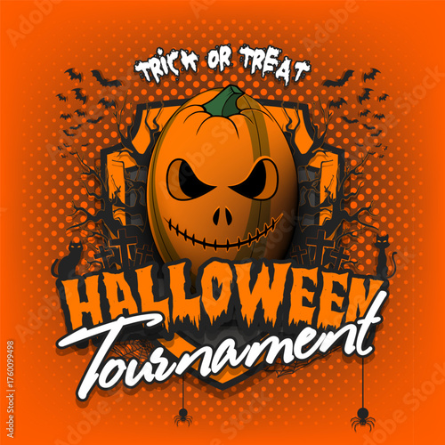 Happy Halloween. Rugby ball in the form of a pumpkin. Cats, bats, spiders, trees, crosses. Design template for banner, poster, greeting card, flyer, party invitation. Vector illustration