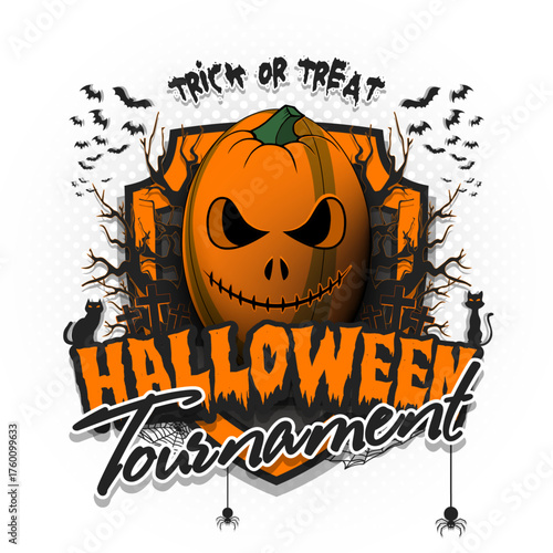 Happy Halloween. Rugby ball in the form of a pumpkin. Cats, bats, spiders, trees, crosses. Design template for banner, poster, greeting card, flyer, party invitation. Vector illustration