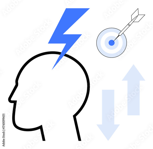 Head silhouette with a lightning bolt symbolizing ideas, target with arrow for goals, and up-down arrows for dynamics. Ideal for innovation, goals, strategy, focus, direction, problem-solving