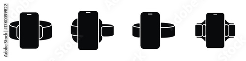 Armband Phone Holder Icon Set – Smartphone Sports Holder Silhouette Collection, Running Armband Mobile Case for Fitness, Gym, Jogging, Exercise and Outdoor Activity Design
