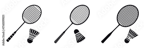 Badminton Racket and Shuttlecock Icon Set – Sport Equipment Silhouette Collection, Black Vector Illustration of Racket and Birdie for Game, Exercise, Fitness, Training, and Outdoor Activity Design