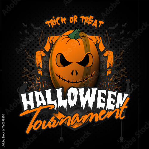 Happy Halloween. Rugby ball in the form of a pumpkin. Cats, bats, spiders, trees, crosses. Design template for banner, poster, greeting card, flyer, party invitation. Vector illustration