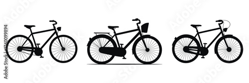 Bicycle Icon Set – Classic City Bike Silhouette Collection, Vector Illustration of Road and Urban Cycles for Transportation, Fitness, Sports, Commuting, Eco Travel, and Outdoor Activity Design