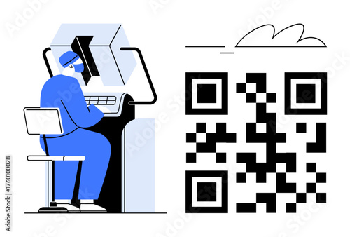 Professional at workstation interacting with QR code interface. Ideal for technology, authentication, barcode scanning, digital security, online payment, e-commerce, innovation. Simple flat metaphor