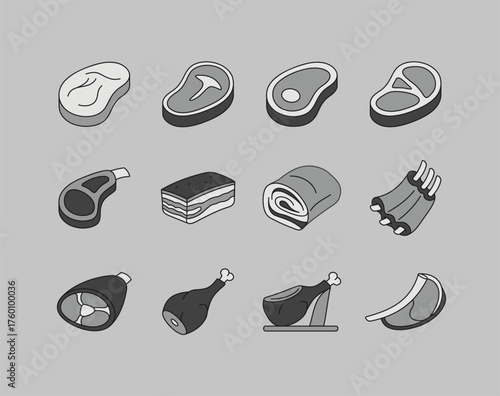 Various Meat Cuts Minimal Flat Icon Set