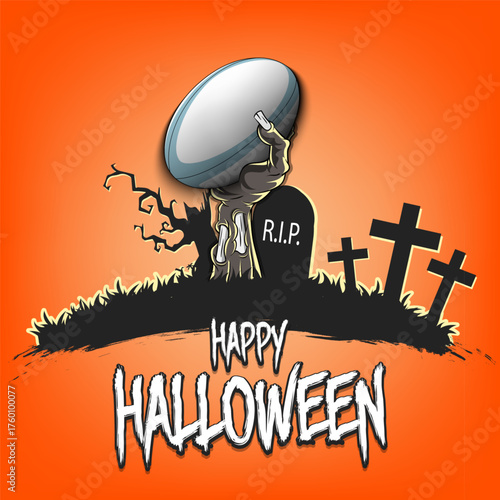 Happy Halloween. Zombie hand from the grave holding a rugby ball. Spooky tree, crosses and coffin. Design pattern for banner, poster, greeting card, flyer, party invitation. Vector illustration