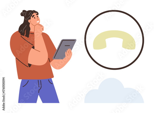 Young individual pondering with a tablet, large phone receiver symbol enclosed in a circle nearby, cloud element below. Ideal for communication, technology, connection, decision-making