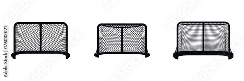 Hockey Goal Net Icon Set – Sport Equipment Silhouette Collection, Vector Illustration of Ice Hockey and Field Hockey Nets for Game, Training, Competition, and Athletic Design