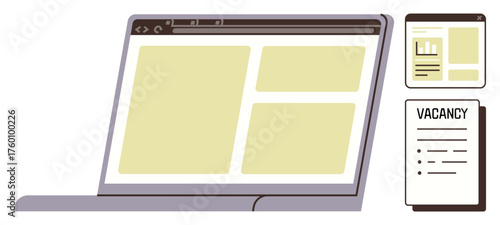 Laptop showcasing a website layout, tablet highlighting analytics, and document labeled Vacancy promoting job opportunities. Ideal for recruitment, HR, technology, career planning, website design