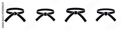 Martial Arts Belt Icon Set – Black Belt Silhouette Collection, Vector Illustration of Karate, Judo, Taekwondo, and Martial Arts Training Equipment for Discipline, Strength, and Achievement Design