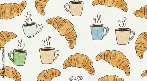 Seamless Hand-Drawn Croissant and Coffee Mug Pattern with Sketch Texture