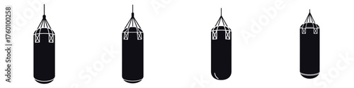 Boxing Punching Bag Icon Set – Training Equipment Silhouette Collection, Vector Illustration of Gym Workout Gear for Martial Arts, Fitness, Kickboxing, Combat Sports, and Strength Exercise Design