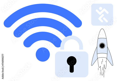 wireless signal, secure padlock, rocket launch, exit sign evoke tech, innovation, data privacy. Ideal for digital communication, cybersecurity, startup growth safety network access future tech