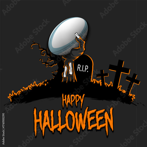 Happy Halloween. Zombie hand from the grave holding a rugby ball. Spooky tree, crosses and coffin. Design pattern for banner, poster, greeting card, flyer, party invitation. Vector illustration