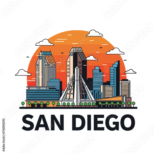 San Diego Skyline Illustration with Orange Sunset and Clouds.